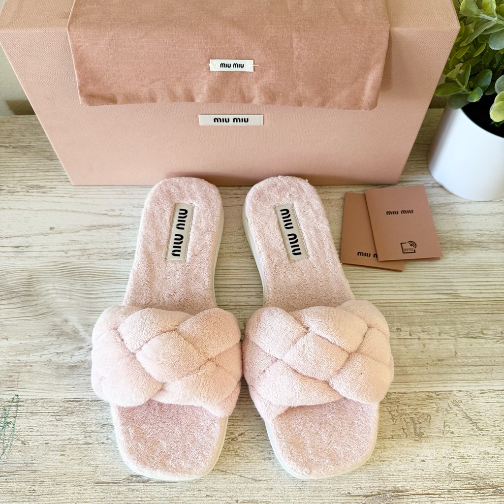 New Miu Miu Calzature Donna Terry Cloth Slide Sandals Size 37, Us 7, Pink